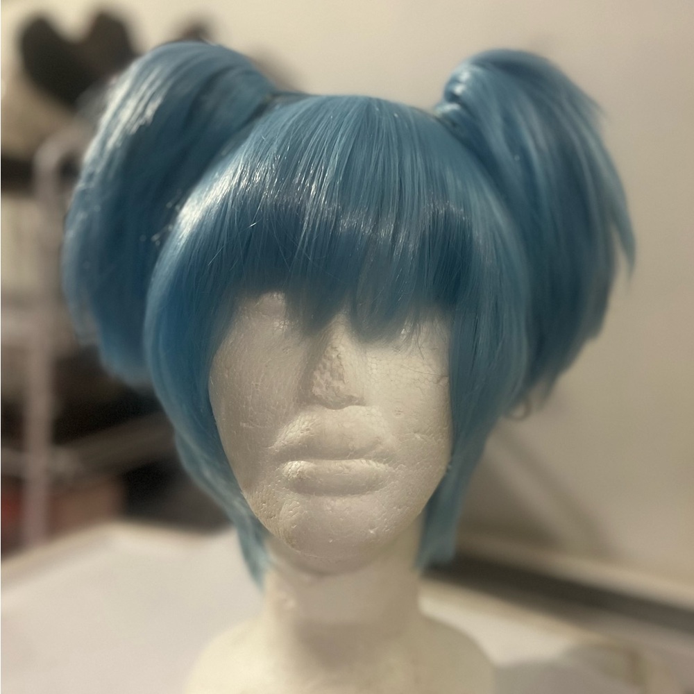 Blue Synthetic Wig with Two Claw Clip Pigtails